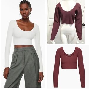 Aritzia Babton Sculpt Scoop Neck Long Sleeve Ribbed Top Burgundy Size XL